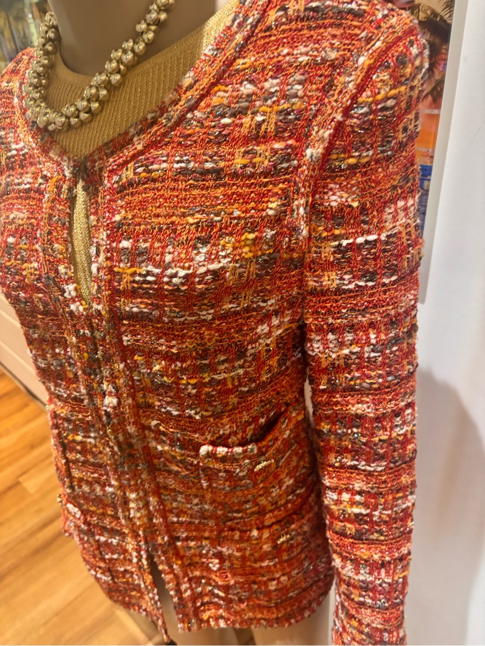 St. John Orange Multicolor Tweed Blazer red orange yellow 12 buttons shimmer